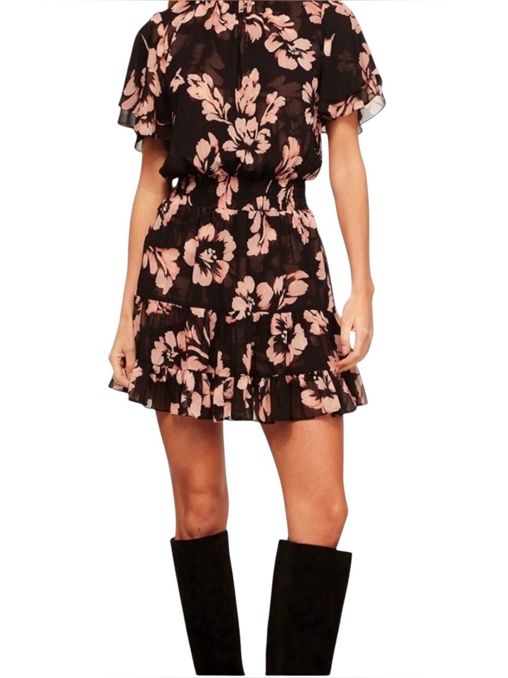 NWT MISA LA Saffie Chiffon Floral Flutter Sleeve High Neck Tie Back Mini Dress